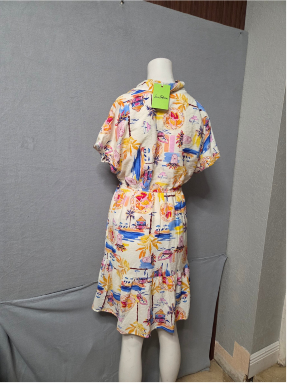 Women's Sam Edelman Midi Dress Size 4 Beige Blue Tropical Print